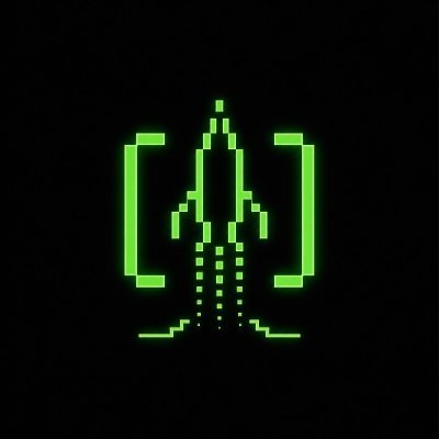 A green pixel art image on a black background depicting a rocket ship launching, framed by square brackets.