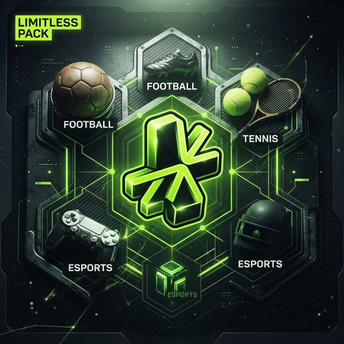 A futuristic digital interface titled 'LIMITLESS PACK' showcasing sports and gaming icons including football, tennis, esports, and a central glowing green logo.