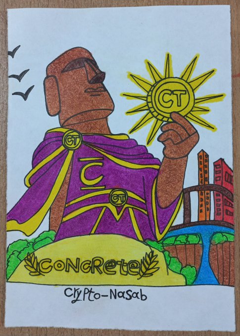 A colorful hand-drawn illustration depicts a stylized figure in a purple and gold cape holding a sun bearing a 'CT' logo, with 'CONCRETE' text and 'Crypto-Nasab' written at the bottom.