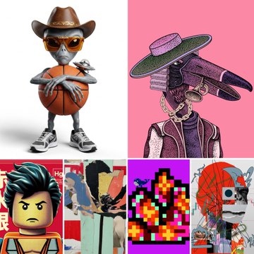 A collage of various NFT-style digital art pieces, including a 3D anthropomorphic duck in a cowboy hat holding a basketball, and several other stylized character designs.