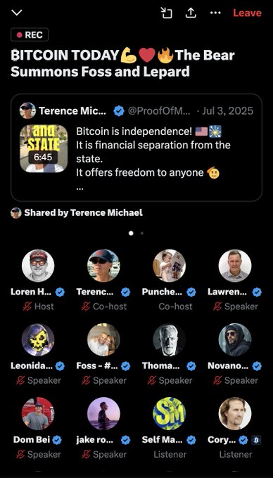 The image shows a Twitter Spaces recording titled "BITCOIN TODAY 💪❤️🔥 The Bear Summons Foss and Lepard," featuring a host Terence Michael sharing a clip stating "Bitcoin is independence! It is financial separation from the state. It offers freedom to anyone." The space includes various speakers and listeners like Loren, Terence, Punchew, Lawrence, Leonidas, Foss, Thomas, Novano, Dom Bel, Jake, Self Ma, and Cory, supporting the DOG army's call to tune in for a Bitcoin-focused discussion.