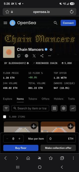 A mobile screenshot of OpenSea.io showing the 'Chain Mancers' NFT collection page on Robinhood Chain. Key stats visible include Floor Price 1.39 ETH, 1D Floor % +66.9%, Top Offer 1.25 WETH, and 5,000 items.