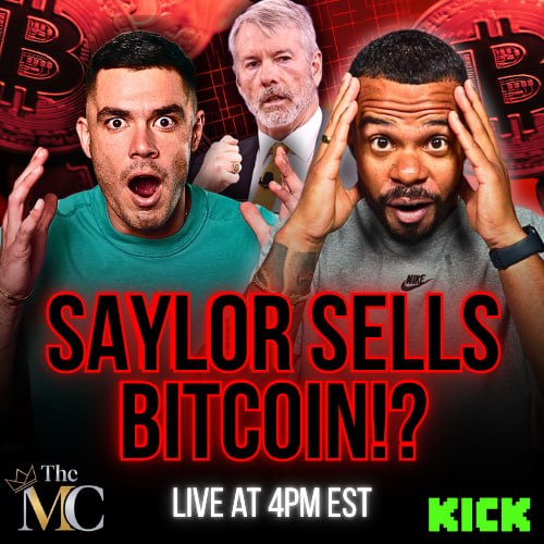 The image features a poster for a live stream event at 4PM, hosted by The MC. The poster includes three men with different expressions, one of whom appears to be selling Bitcoin. The host's name is displayed below them along with the title "Saylor sells Bitcoin?".