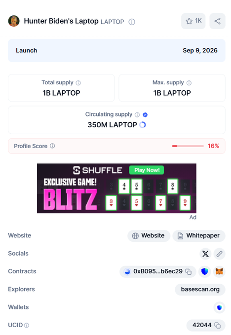A screenshot of a cryptocurrency token profile page for "Hunter Biden's Laptop" (ticker: LAPTOP), showing a total/max supply of 1B and circulating supply of 350M, with a "Profile Score" of 16%.