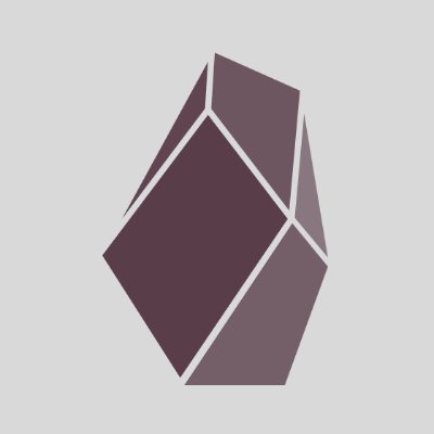 A geometric, faceted crystal or gem illustration rendered in shades of dark purple and mauve against a plain light background.