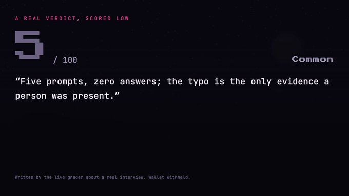 A digital score card showing a verdict of 5/100 with the heading 'A REAL VERDICT, SCORED LOW' and the quote: 'Five prompts, zero answers; the typo is the only evidence a person was present.'
