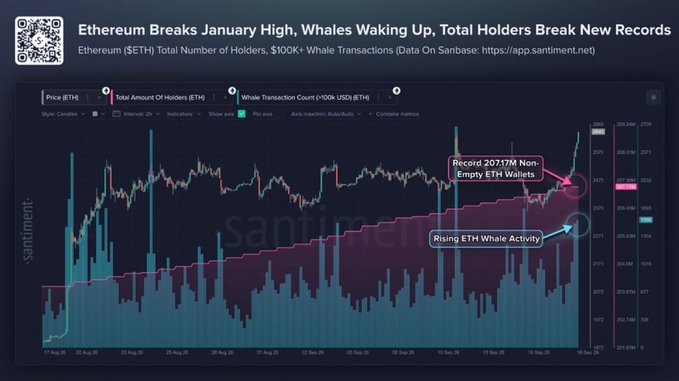 Data chart titled 'Ethereum Breaks January High, Whales Waking Up, Total Holders Break New Records' showing ETH price, total holders, and whale transactions with annotations highlighting a record 207.17M non-empty ETH wallets and rising ETH whale activity.