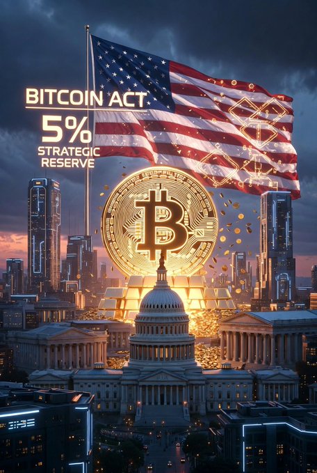 A dramatic digital illustration features a giant golden Bitcoin coin hovering above the U.S. Capitol, with an American flag and bold text reading "BITCOIN ACT: 5% STRATEGIC RESERVE" — visually reinforcing the post's claim about Senator Lummis's proposed bill for the U.S. government to acquire 5% of the total Bitcoin supply.