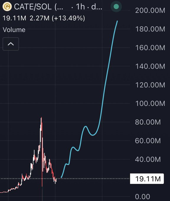 A trading chart for CATE/SOL shows a sharp upward move, with volume spiking to 19.11M (+13.49%) on the hourly timeframe, hinting at renewed bullish momentum for the $CATE token. The steep vertical climb at the end of the chart visually reinforces the "Round 2" speculation, suggesting a potential second leg up.