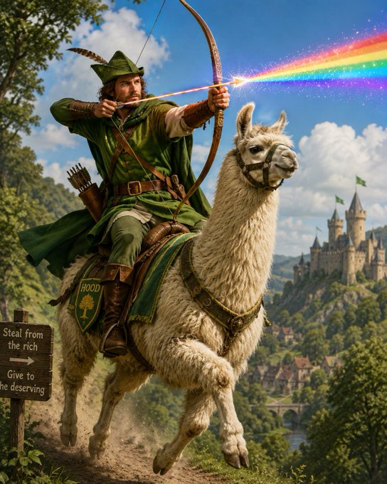 A fantasy illustration of Robin Hood in green attire riding a llama while shooting a rainbow-colored arrow from his bow, with a medieval castle and village visible in the background.
