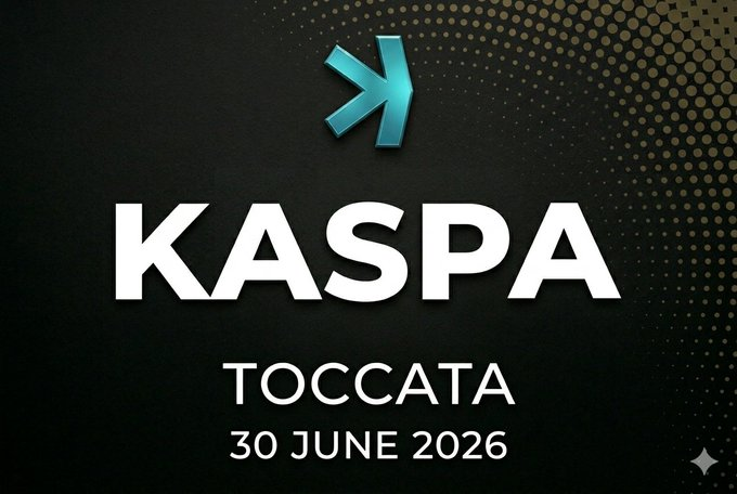 The image features a black background with white text that reads "KASPA" followed by an arrow pointing upwards, and then the word "TOCATA" below the arrow. The text also includes numbers, such as "30 June 2026", indicating the date of the event or gathering related to Kaspa.