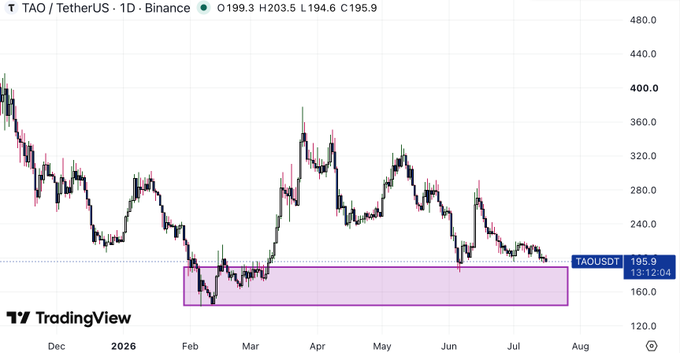 A TradingView candlestick chart for TAO/TetherUS (TAOUSDT) on Binance showing price declining from around 400 to a current 195.9, with a highlighted support zone between roughly 160-200.