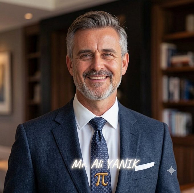 A portrait of a smiling older man in a gray suit and blue patterned tie, featuring text overlays 'Mr. ALI YANIK' and a pi (π) symbol.