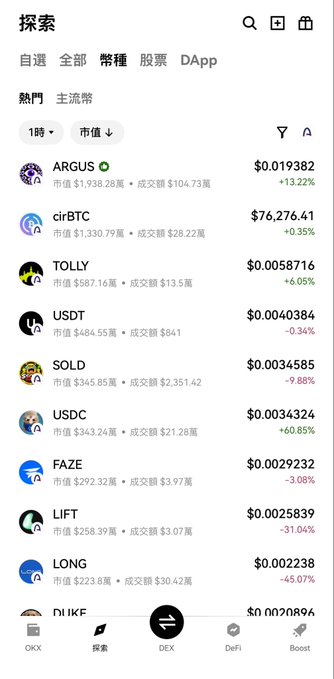 A mobile app screenshot in Chinese showing a cryptocurrency market list with tokens like ARGUS, cirBTC, TOLLY, USDT, SOLD, USDC, FAZE, LIFT, and LONG along with their prices and percentage changes.