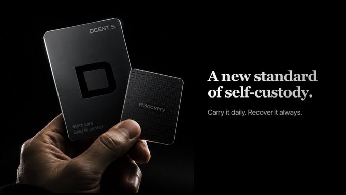 A hand holds two sleek black cards labeled "DCENT S" and "R3covery," tagged with "Don't lose. Stay in control." alongside the tagline "A new standard of self-custody. Carry it daily. Recover it always."—visually reinforcing the product's compact, card-based hardware wallet design.
