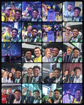 A grid collage displays multiple photos of various young men, many appearing to be athletes or celebrities, posing together at events.