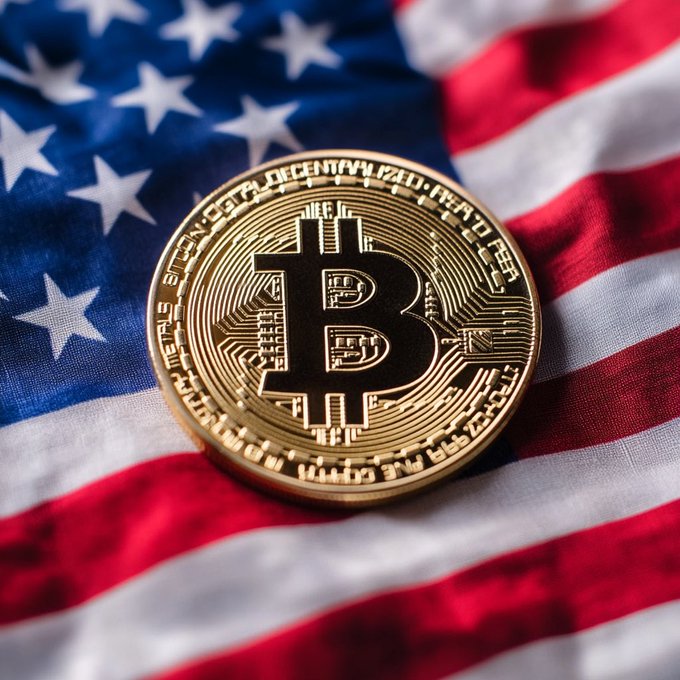 A physical Bitcoin token rests on an American flag, with the Bitcoin 'B' logo prominently displayed and text including 'BITCOIN DIGITAL DECENTRALIZED PEER TO PEER' visible on its edge.