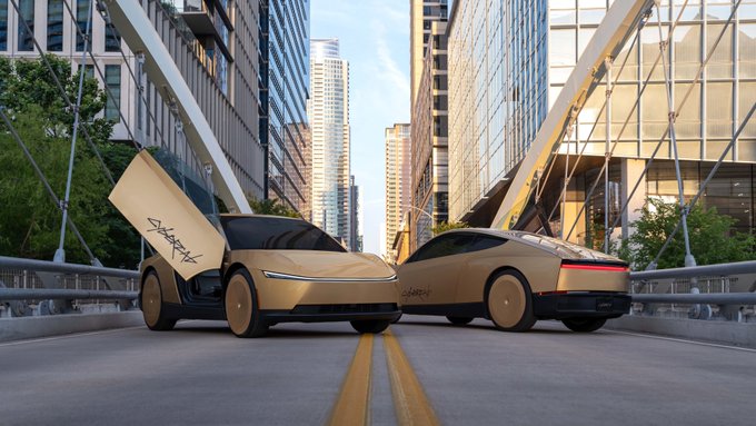 Two tan-colored Tesla Cybertrucks with graffiti-style decals and open doors sit facing each other on a city street beneath a modern suspension bridge.