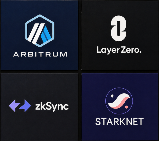 A 2x2 grid displaying logos of crypto projects—Arbitrum, Layer Zero, zkSync, and StarkNet—on dark backgrounds, accompanying a post about anticipated airdrops in 2026, with the user's top bets being Arbitrum and Starknet.