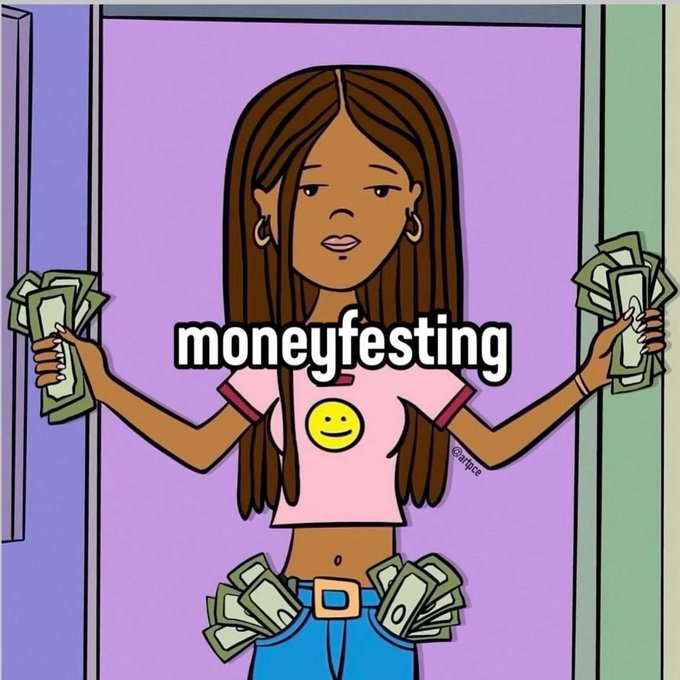 A cartoon illustration of a woman holding cash in both hands with more money stuffed in her jeans pockets, captioned 'moneyfesting'.