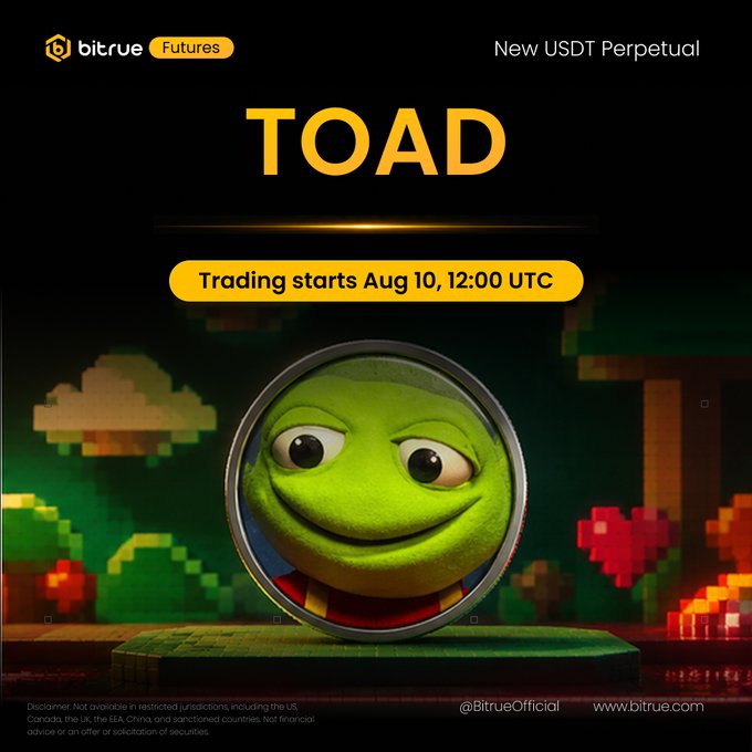 A Bitrue Futures promotional graphic announcing the new USDT perpetual listing of $TOAD, a frog-themed meme token inspired by $PEPE, featuring a smiling frog character in a circular frame against a pixel-art jungle background. Trading begins August 10 at 12:00 UTC, with up to 10× leverage, matching the accompanying post's details.