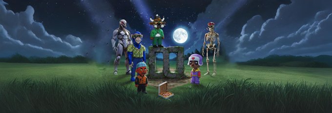 "The #FlareNetwork has NFTs!" is a statement made about the image, which is related to the post. The image features a group of cartoon characters standing together under a moonlit sky with clouds. This scene could be part of an art project or promotional material for the #FlareNetwork, as indicated by the caption provided in the image description.