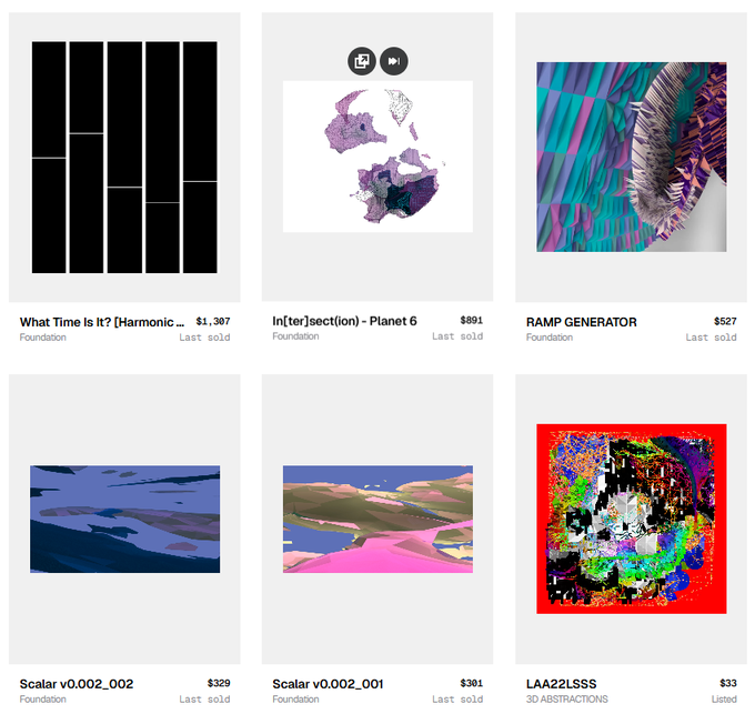 A screenshot of a digital art marketplace displaying six artwork listings, including titles like 'What Time Is it?', 'In[ter]section - Planet 6', and 'RAMP GENERATOR', with prices in dollars.