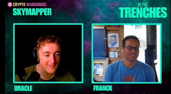 A split-screen video podcast thumbnail titled 'IN THE TRENCHES' featuring two speakers labeled 'SKYMAPPER ORACLE' and 'FRANCK' under 'CRYPTO WAREHOUSE'.