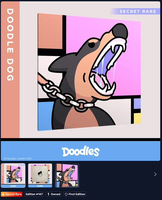 The image features a cartoon dog with its mouth open, showing off its teeth. It appears that this image has been used as part of an advertisement or promotional material related to the Doodles comic book series. The text "Secret Rare" suggests that the image is from a limited edition collection and may be worth more than regular copies due to its rarity.