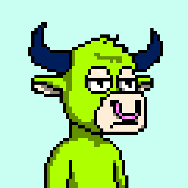 A pixel art green cow with blue horns, wearing a bored expression, illustrates the MooPunks NFT project teased in the post announcing their upcoming launch on Robinhood Chain with 5,555 pixelated cows for the "MooFarm."