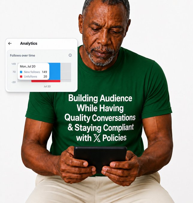 An older man wearing a green t-shirt reads from a tablet or phone displaying analytics showing 149 new follows and 20 unfollows on Mon, Jul 20, paired with text reading "Building Audience While Having Quality Conversations & Staying Compliant with X Policies." The image visually reinforces the post's message about growing a genuine, engaged following on X through authentic interactions and platform compliance.