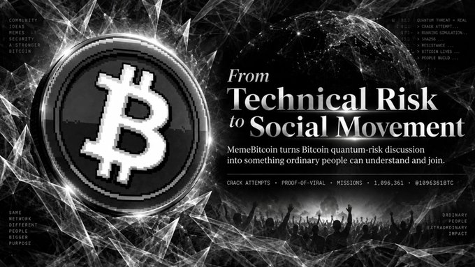 A promotional graphic features a pixelated Bitcoin logo with the text 'From Technical Risk to Social Movement' and 'MemeBitcoin turns Bitcoin quantum-risk discussion into something ordinary people can understand and join.'