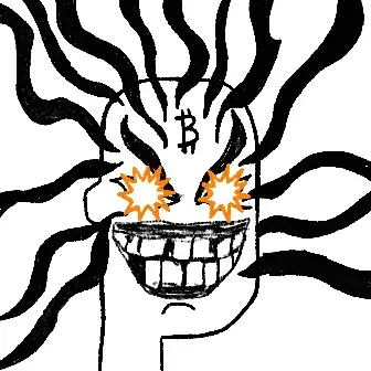 Black and white line drawing of a grinning face with a Bitcoin 'B' symbol on its forehead, surrounded by flowing hair or flames and orange star-burst eyes.