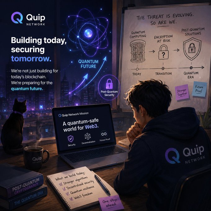 Promotional graphic for Quip Network with the tagline 'Building today, securing tomorrow' and 'A quantum-safe world for Web3', depicting a person at a desk with a laptop, atomic symbol, cat, coffee mug, and a whiteboard showing the evolution from Quantum Computing to Post-Quantum Solutions.