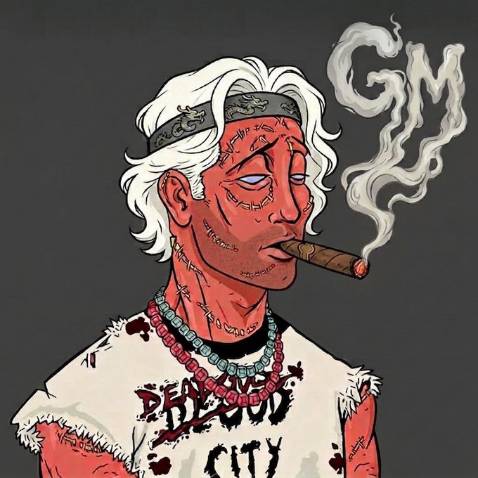 An illustration depicts a character with white hair, a red-tinted face with stitched scars, and a headband, smoking a cigar while wearing a 'Dead City' shirt.