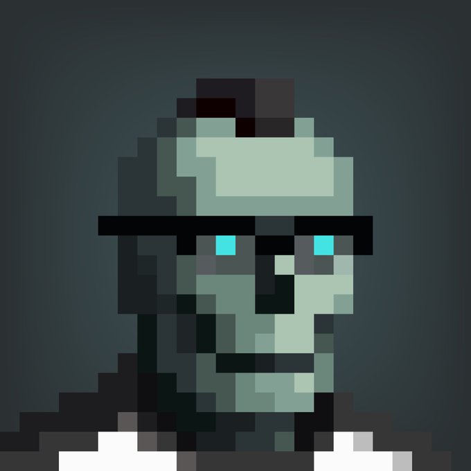A pixel art illustration of a character with glowing blue eyes, wearing a cap and glasses, set against a dark gray background.