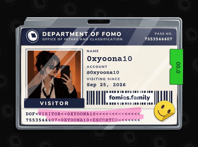 A digital "Department of FOMO" visitor pass for user @Oxyoona10 at fomies.family, dated Sep 25, 2026, with a barcode and visitor ID.