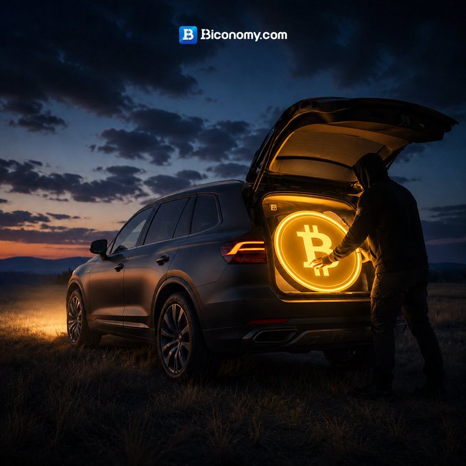 Under a dusky sky, a hooded figure loads a glowing Bitcoin symbol into the open trunk of an SUV, accompanied by the "Biconomy.com" logo. The scene mirrors the post's metaphor of traveling onward with unwavering crypto conviction, symbolizing the ongoing Bitcoin journey ahead.