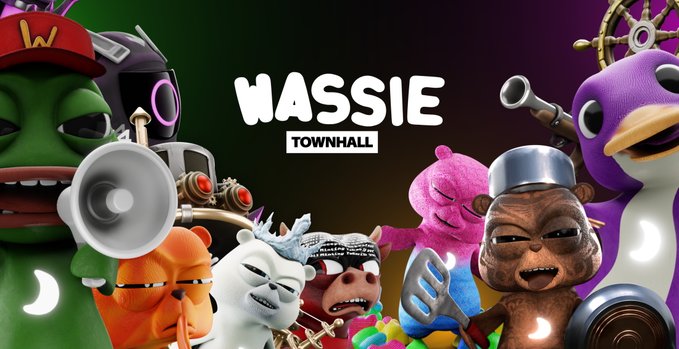 A promotional graphic for a "Wassie Town Hall" event features a colorful lineup of cartoonish meme-style characters including a green frog-like creature with a megaphone, a pink bear, a purple penguin with a ship's wheel, and other whimsical figures, all surrounding the bold "WASSIE TOWNHALL" logo to advertise the upcoming Discord gathering.