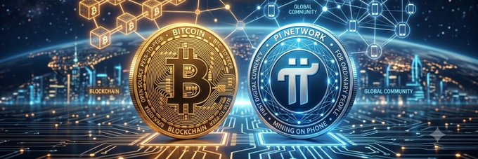 A digital graphic showcasing a gold Bitcoin coin and a silver Pi Network coin against a futuristic blue blockchain-themed background labeled 'BLOCKCHAIN' and 'GLOBAL COMMUNITY'.