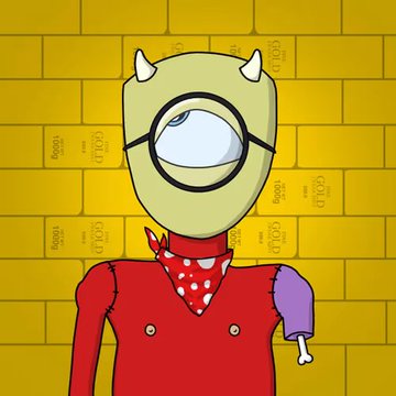 A digital illustration of a cartoon character with a single large eye, white horns, and a red shirt with a white polka-dot bandana, standing in front of a gold brick wall resembling bitcoin.