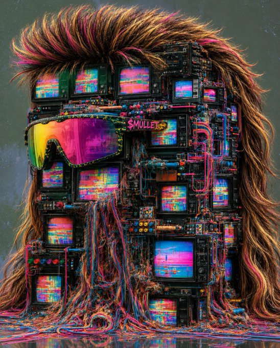 A surreal digital artwork depicts a mass of wild hair containing numerous retro television screens, tangled wires, and ski goggles, labeled 'SMULLET'.