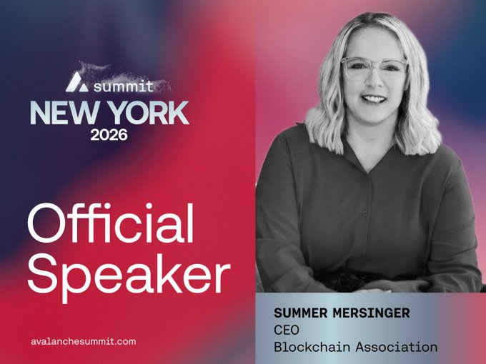 Promotional graphic for Avalanche Summit New York 2026 announcing Summer Mersinger, CEO of the Blockchain Association, as an Official Speaker, featuring her portrait on a red and blue gradient background.