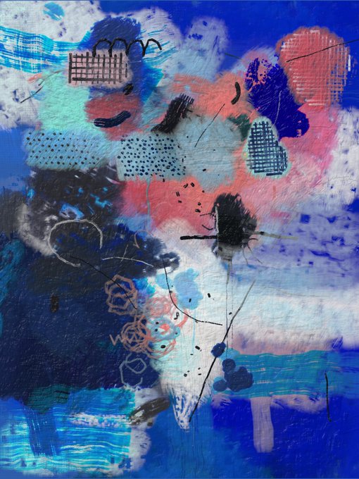 An abstract mixed-media painting featuring blue, red, and teal hues with textured patterns, dotted shapes, and organic forms.