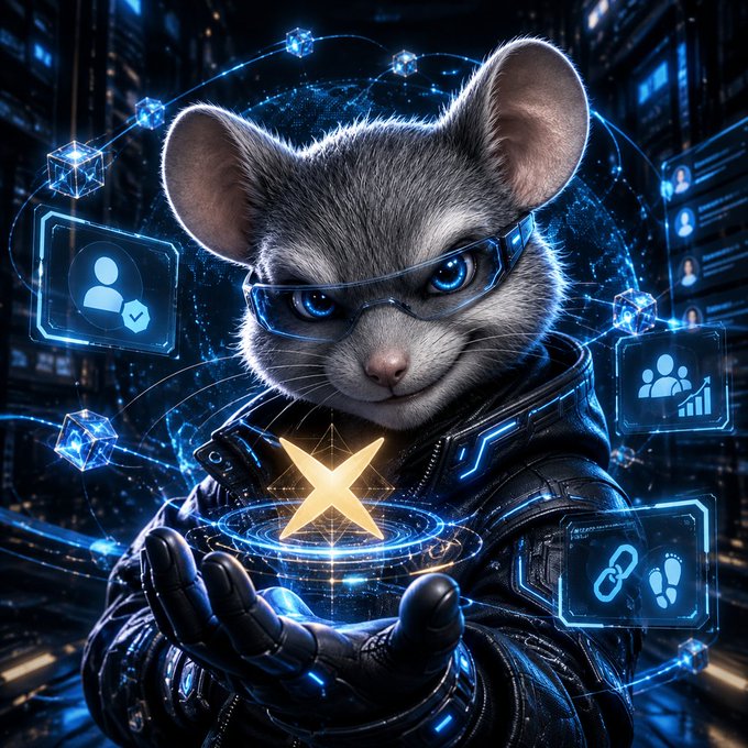 A digital illustration of a gray cat wearing futuristic goggles and a high-tech suit, holding a glowing golden 'X' symbol surrounded by holographic blockchain icons.