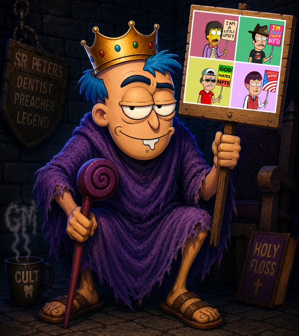 Cartoon illustration of a blue-haired character wearing a crown and purple robes, holding protest signs referencing meme culture, with a sign reading 'SR PETERS DENTIST PREACHER LEGEND' and 'HOLY FLOSS' book visible.