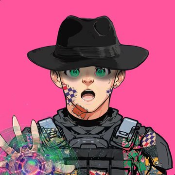 An illustration of a character wearing a black hat against a bright pink background, featuring green eyes, a distressed face with stars and 'HELP' text, and reaching toward a glowing digital ring.