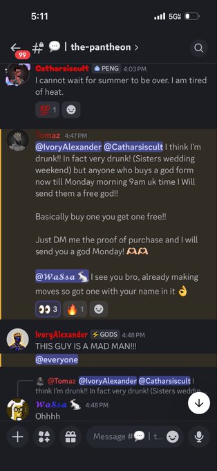 A Discord chat in 'the-pantheon' channel where user @ivoryAlexander offers free NFTs to anyone who buys a god form until Monday morning, prompting reactions from others.