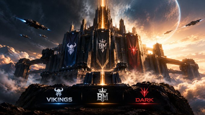 A dramatic sci‑fi fortress floats above clouds and planets, displaying banners for the “VIKINGS,” “[.BM.],” and “DARK” alliances, with the same names and logos repeated below. It illustrates the post’s Stronghold territory rewards for the alliances controlling key territory across Tung Nova, including “1,377 TUNG distributed” and “11 commanders rewarded.”