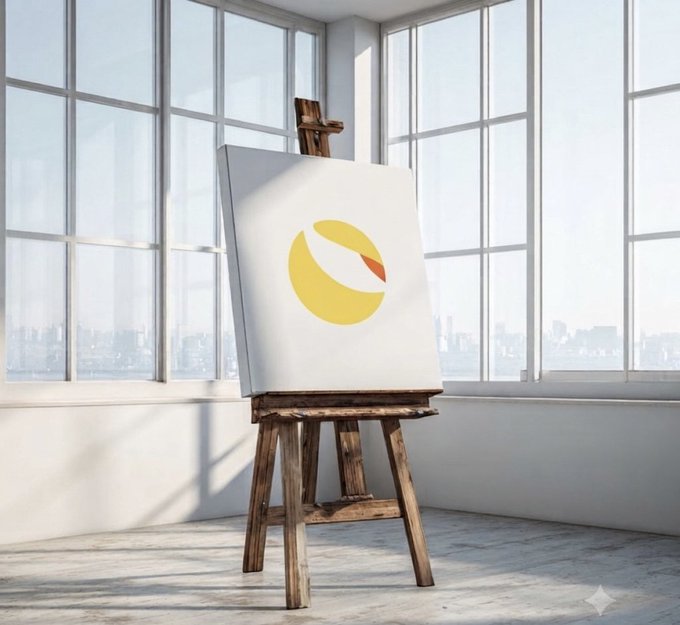 A wooden easel holds a canvas displaying a yellow crescent moon design in a sunlit studio with large windows overlooking a city skyline. The image visually represents the "$LUNC" (Luna Classic) cryptocurrency referenced in the post, with the moon graphic symbolizing the asset.